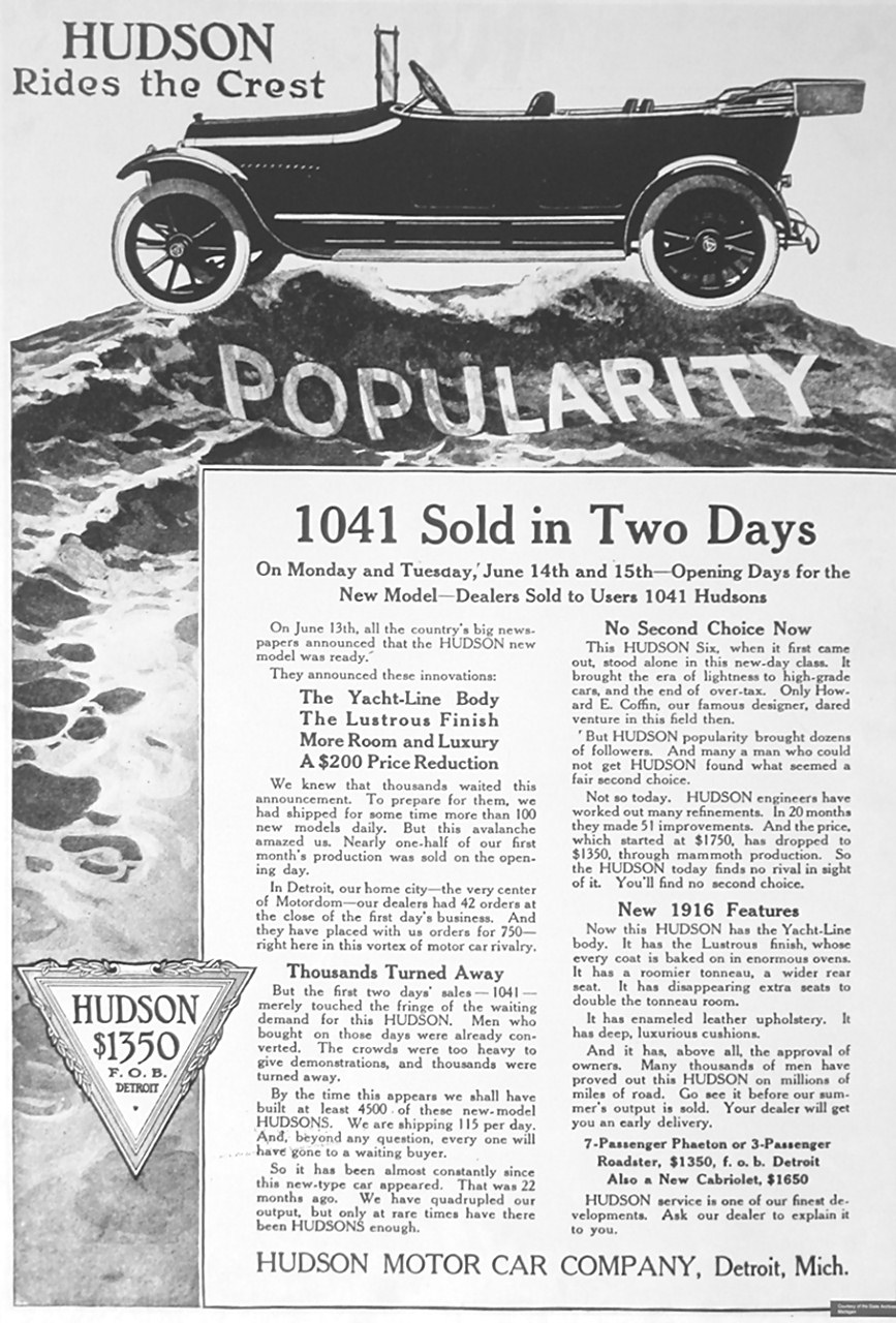 1916 Hudson Auto Advertising